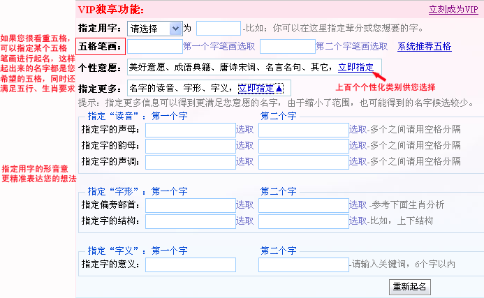 利用高級功能選項將起名意愿具體化